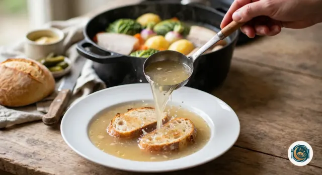 Louche de bouillon de potée versée sur deux tranches de pain de campagne grillé dans une assiette creuse blanche, devant la cocotte pleine de chou, de pommes de terre, de carottes et de viande