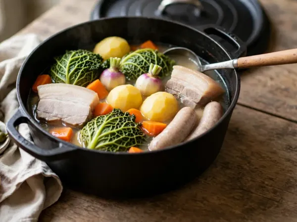 Cocotte en fonte noire remplie de potée : quartiers de chou vert frisé, pommes de terre, carottes, navets violets, morceaux de palette et de poitrine de porc pochés et deux saucisses dans un bouillon doré, une louche posée dedans, à côté d’un pot de moutarde, de cornichons et d’une miche de pain