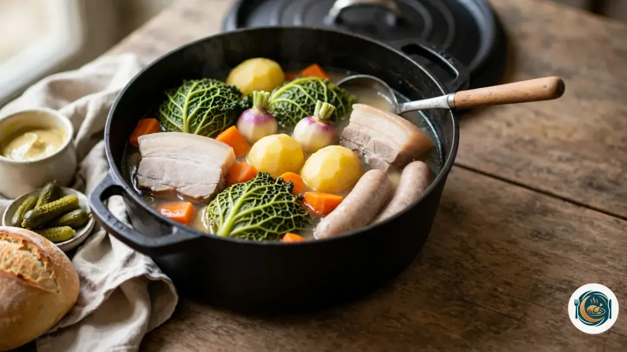 Cocotte en fonte noire remplie de potée : quartiers de chou vert frisé, pommes de terre, carottes, navets violets, morceaux de palette et de poitrine de porc pochés et deux saucisses dans un bouillon doré, une louche posée dedans, à côté d’un pot de moutarde, de cornichons et d’une miche de pain
