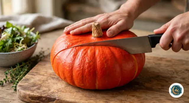 Potimarron cru orange vif posé sur une planche en bois, une main à plat sur le dessus près de la queue brune pendant que l’autre main enfonce un grand couteau de chef à l’horizontale sous le haut de la courge, à côté d’un bol de salade et de brins de thym