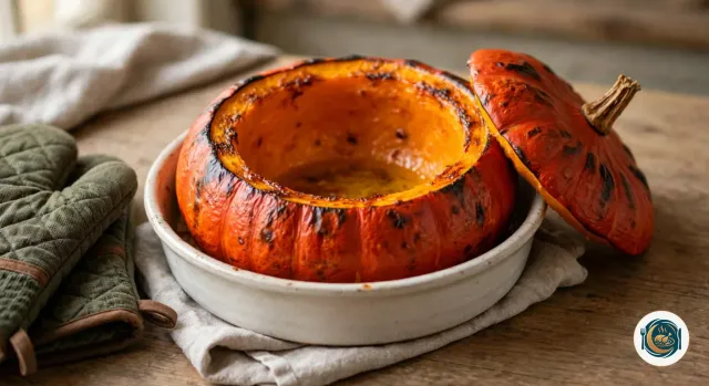 Potimarron vide sortant du four dans un plat rond en céramique posé sur un torchon, la peau orange marquée de quelques taches brunes et la chair intérieure luisante d’huile, avec son chapeau rôti posé à côté et des maniques vertes à gauche