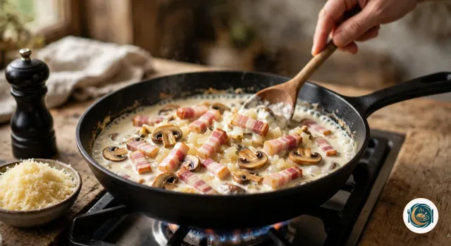Grande poêle noire en fonte sur un feu au gaz, remplie de lardons, de lamelles de champignons de Paris et d’oignon pris dans une crème épaisse qui frémit, remuée à la cuillère en bois, à côté d’un bol de comté râpé et d’un moulin à poivre