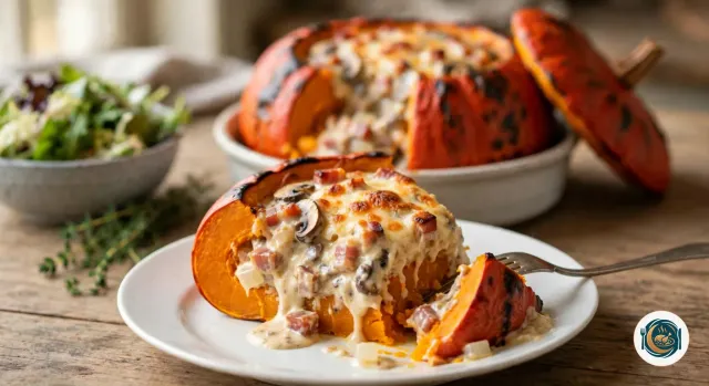 Quartier de potimarron farci couché dans une assiette blanche, avec sa peau orange rôtie, une épaisse couche de chair orange et la farce de lardons, champignons et fromage fondu qui coule sur l’assiette, une fourchette qui a coupé une bouchée peau comprise, le reste du potimarron dans son plat en arrière-plan