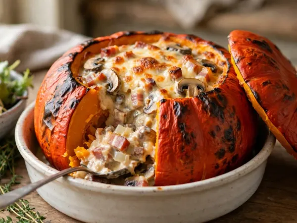 Potimarron entier rôti à la peau orange cloquée, posé dans un plat rond en céramique, son chapeau à queue brune appuyé contre lui, rempli d’une farce crémeuse de lardons et de champignons gratinée au fromage, avec une cuillère qui a entamé la paroi de chair orange, à côté d’un bol de salade et de brins de thym