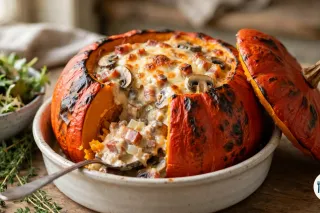 Potimarron entier rôti à la peau orange cloquée, posé dans un plat rond en céramique, son chapeau à queue brune appuyé contre lui, rempli d’une farce crémeuse de lardons et de champignons gratinée au fromage, avec une cuillère qui a entamé la paroi de chair orange, à côté d’un bol de salade et de brins de thym