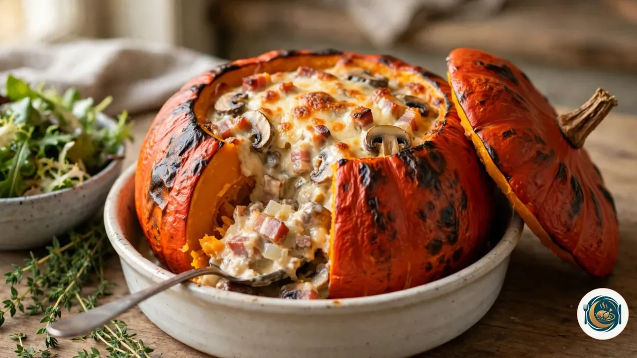 Potimarron entier rôti à la peau orange cloquée, posé dans un plat rond en céramique, son chapeau à queue brune appuyé contre lui, rempli d’une farce crémeuse de lardons et de champignons gratinée au fromage, avec une cuillère qui a entamé la paroi de chair orange, à côté d’un bol de salade et de brins de thym