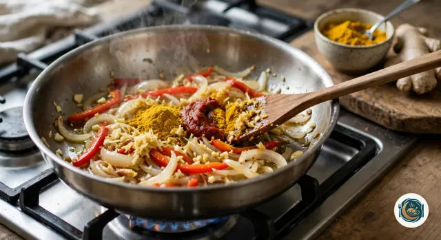 Oignon émincé, lanières de poivron rouge, ail haché et gingembre râpé dans une grande sauteuse en inox sur le gaz, avec un petit tas de curry en poudre et une cuillerée de concentré de tomate remués à la spatule en bois, un bol de curry et du gingembre frais à côté