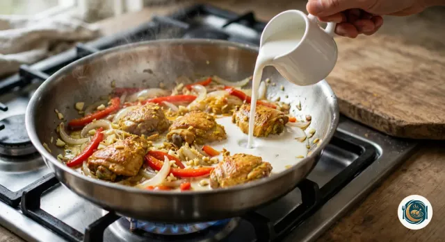 Main qui verse le lait de coco d’un petit pichet blanc dans une sauteuse en inox où dorent des morceaux de poulet enrobés d’épices, avec l’oignon et le poivron rouge