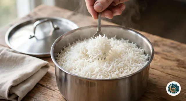 Riz basmati cuit, aux grains longs et séparés, égrainé à la fourchette dans une casserole en inox, le couvercle posé à côté sur la table
