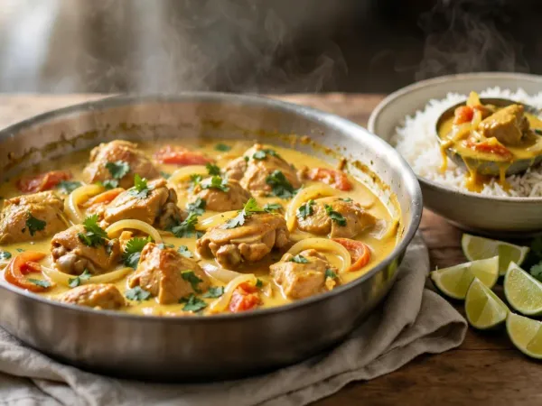 Poulet curry coco dans une grande sauteuse en inox, des morceaux de haut de cuisse dans une sauce crémeuse jaune dorée avec des lamelles d’oignon et de poivron rouge, parsemés de coriandre fraîche, à côté d’un bol de riz basmati avec une louche de curry, de quartiers de citron vert et d’un bouquet de coriandre