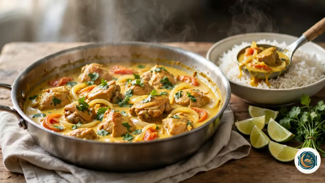 Poulet curry coco dans une grande sauteuse en inox, des morceaux de haut de cuisse dans une sauce crémeuse jaune dorée avec des lamelles d’oignon et de poivron rouge, parsemés de coriandre fraîche, à côté d’un bol de riz basmati avec une louche de curry, de quartiers de citron vert et d’un bouquet de coriandre