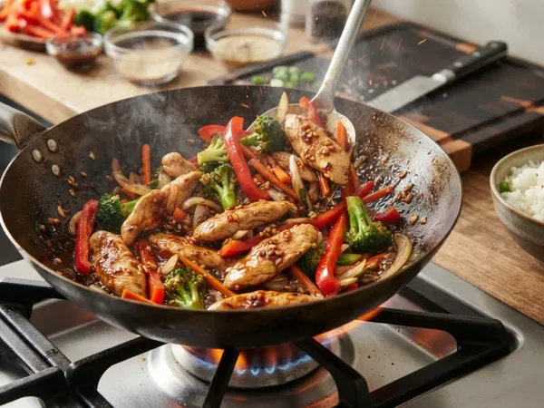 Poulet sauté au wok avec poivron rouge, brocoli, carotte et graines de sésame, sur le feu, à côté d’un bol de riz blanc