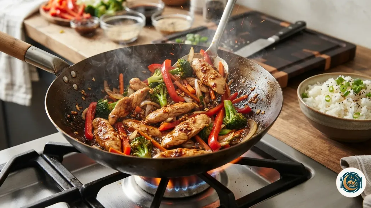 Poulet sauté au wok avec poivron rouge, brocoli, carotte et graines de sésame, sur le feu, à côté d’un bol de riz blanc