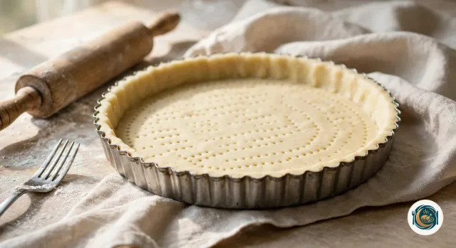 Pâte brisée crue étalée dans un moule à tarte de 26 cm, les bords bien remontés et le fond piqué à la fourchette