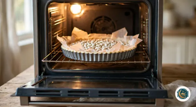 Fond de tarte couvert de papier cuisson et rempli de haricots secs, dans un moule posé sur la grille du four