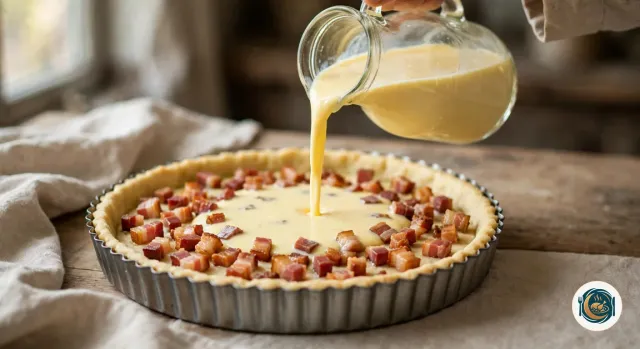 Appareil aux œufs et à la crème versé d’un pichet sur les lardons dorés répartis dans le fond de tarte précuit