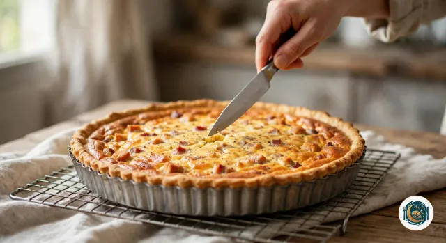 Quiche lorraine gonflée et dorée à la sortie du four, une lame de couteau plantée au centre qui ressort propre