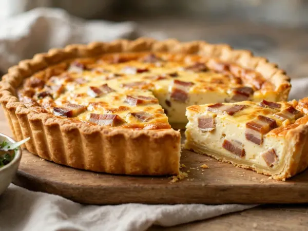 Quiche lorraine dorée et gonflée, démoulée sur une planche en bois, une part découpée qui montre l’appareil pris et les lardons, à côté d’un bol de salade verte