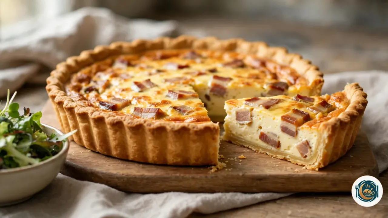 Quiche lorraine dorée et gonflée, démoulée sur une planche en bois, une part découpée qui montre l’appareil pris et les lardons, à côté d’un bol de salade verte