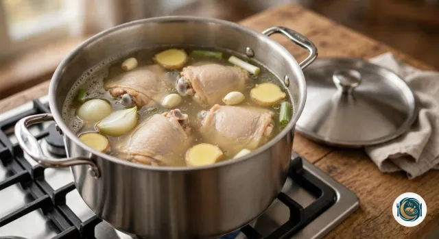 Grande marmite en inox sur le gaz, où frémissent dans un bouillon clair des hauts de cuisse de poulet avec os, des quartiers d’oignon, des tranches de gingembre, des gousses d’ail et des tronçons blancs d’oignon vert, le couvercle posé à côté sur un plan de travail en bois