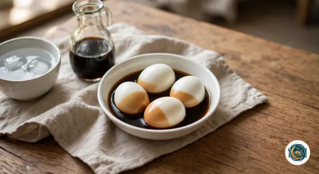 Quatre œufs mollets écalés dans un bol blanc, à moitié plongés dans une marinade de sauce soja qui colore leur base en brun clair, à côté d’un petit pichet de sauce soja et d’un bol d’eau glacée, sur une serviette en lin