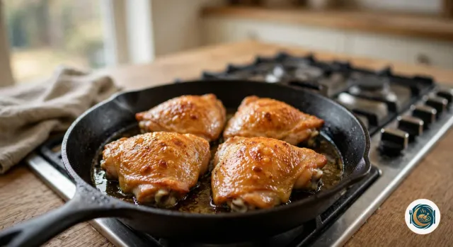 Quatre hauts de cuisse de poulet à la peau dorée et croustillante, retournés côté peau vers le haut dans une poêle en fonte noire posée sur une gazinière