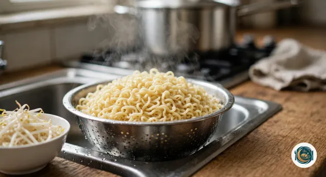 Nouilles ramen ondulées tout juste cuites, qui fument dans une passoire en inox posée sur l’évier, à côté d’un bol de pousses de soja blanchies, une grande casserole sur le feu en arrière-plan