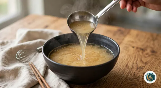 Main qui verse à la louche un bouillon de poulet doré dans un bol en céramique noire, où la tare au miso parsemée de sésame commence à se dissoudre et trouble le bouillon, à côté d’un petit fouet et de baguettes en bois posés sur une serviette en lin