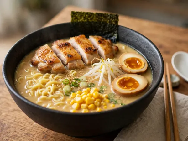 Bol de ramen au miso et au poulet dans un bol en céramique noire, avec un bouillon crémeux doré, des nouilles ondulées, des morceaux de haut de cuisse à la peau grillée, un œuf mariné coupé en deux au jaune fondant, des pousses de soja, du maïs, des rondelles d’oignon vert, des graines de sésame et une feuille de nori, à côté de baguettes en bois posées sur une serviette en lin et d’une cuillère en céramique blanche