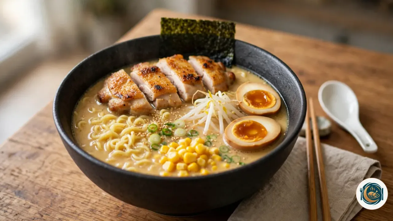 Bol de ramen au miso et au poulet dans un bol en céramique noire, avec un bouillon crémeux doré, des nouilles ondulées, des morceaux de haut de cuisse à la peau grillée, un œuf mariné coupé en deux au jaune fondant, des pousses de soja, du maïs, des rondelles d’oignon vert, des graines de sésame et une feuille de nori, à côté de baguettes en bois posées sur une serviette en lin et d’une cuillère en céramique blanche