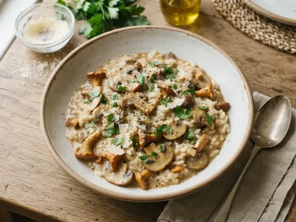 Risotto aux champignons dans une assiette creuse, parsemé de copeaux de parmesan et de persil frais