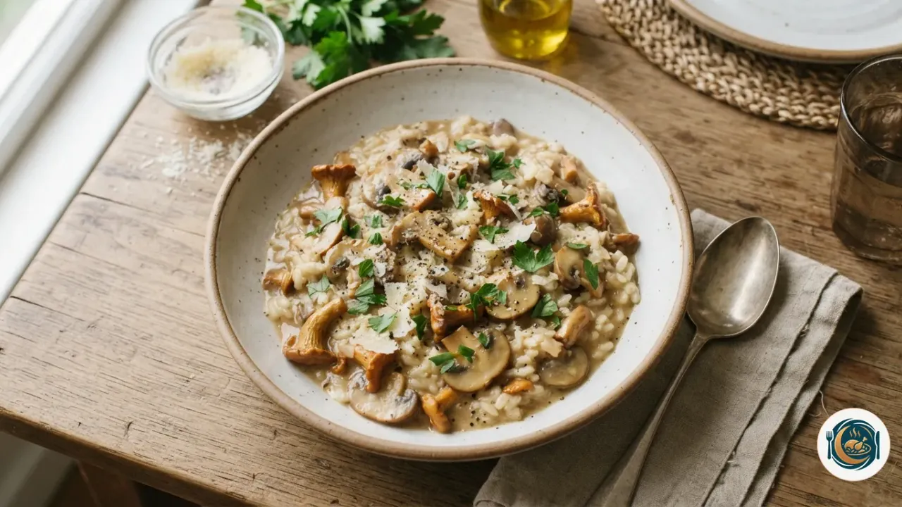 Risotto aux champignons dans une assiette creuse, parsemé de copeaux de parmesan et de persil frais
