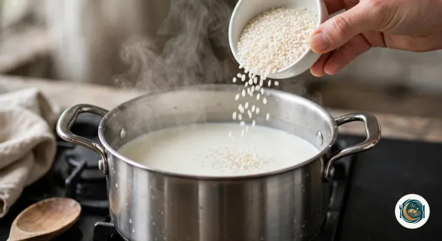 Main qui verse en pluie des grains de riz rond cru depuis un petit bol dans une casserole en inox pleine de lait fumant, posée sur la gazinière, à côté d’une cuillère en bois