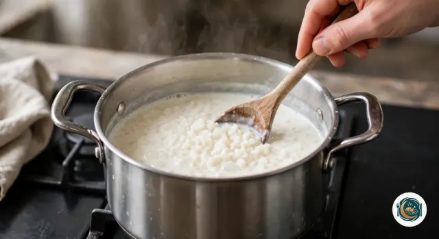 Cuillère en bois qui remue le riz en train de cuire dans une casserole en inox, les grains gonflés baignant dans un lait épaissi et crémeux, avec quelques petites bulles à la surface