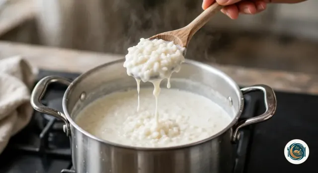 Cuillère en bois soulevée au-dessus de la casserole en inox, chargée de riz au lait souple et crémeux qui retombe lentement en nappant la cuillère, les grains tendres bien visibles