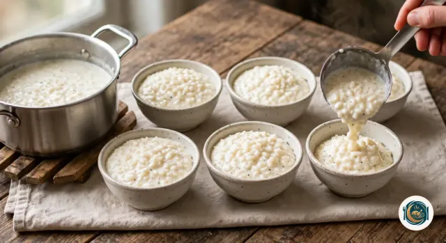 Main qui verse à la louche du riz au lait encore coulant dans le dernier de six petits bols en grès crème, disposés en deux rangées de trois sur un torchon en lin, à côté de la casserole en inox posée sur un dessous-de-plat en bois