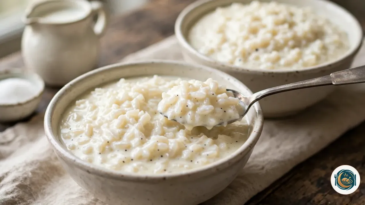 Deux bols en grès crème remplis de riz au lait très crémeux, aux grains ronds bien cuits et piqués de grains de vanille, une cuillère en argent qui soulève une bouchée dans le bol du premier plan, à côté d’un petit pot à lait et d’une coupelle de sucre, sur une serviette en lin et une table en bois