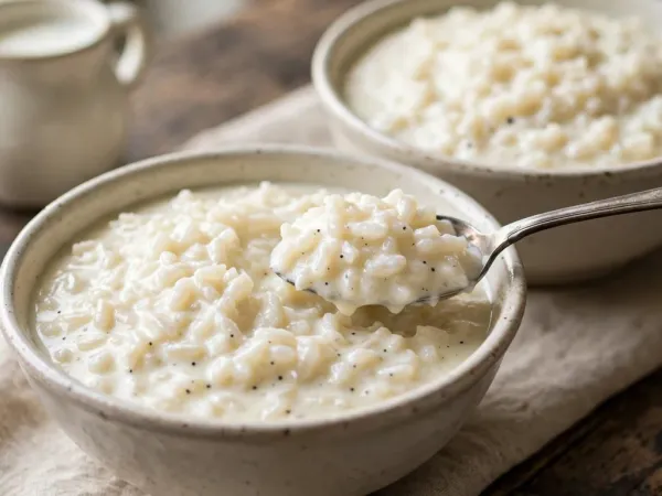 Deux bols en grès crème remplis de riz au lait très crémeux, aux grains ronds bien cuits et piqués de grains de vanille, une cuillère en argent qui soulève une bouchée dans le bol du premier plan, à côté d’un petit pot à lait et d’une coupelle de sucre, sur une serviette en lin et une table en bois