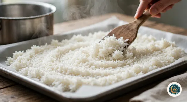 Main qui étale avec une spatule en bois du riz blanc tout juste cuit, moelleux et fumant, sur une plaque couverte de papier cuisson, à côté d’une casserole