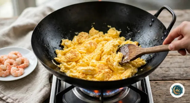 Main qui remue à la spatule en bois des œufs brouillés jaunes en gros morceaux tendres dans un wok noir en acier posé sur le gaz, à côté d’une assiette de crevettes roses décortiquées
