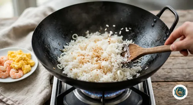 Main qui fait sauter à la spatule en bois du riz blanc aux grains bien séparés, avec quelques rondelles de blanc d’oignon, dans un wok noir en acier posé sur le gaz, à côté d’une assiette d’œufs brouillés et de crevettes roses