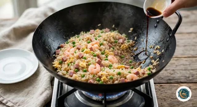 Main qui verse un filet de sauce soja d’un petit bol blanc sur la paroi d’un wok noir rempli de riz sauté aux dés de jambon, aux petits pois, aux œufs brouillés et aux crevettes roses, à côté d’une assiette vide