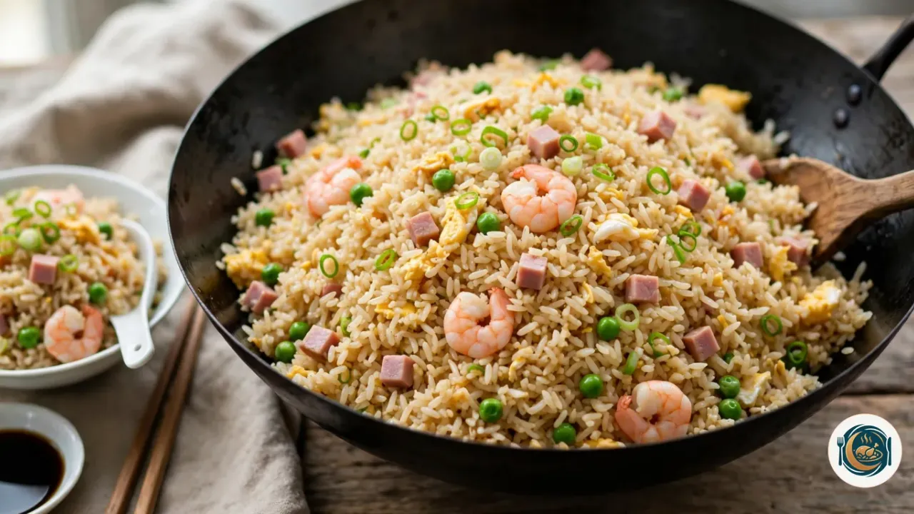 Grand wok noir en acier rempli de riz cantonais aux grains bien séparés, avec des morceaux d’œuf brouillé, des dés de jambon, des crevettes roses, des petits pois et des rondelles d’oignon vert, une spatule en bois posée dedans, à côté d’un bol de riz cantonais avec une cuillère en porcelaine, de baguettes et d’une coupelle de sauce soja