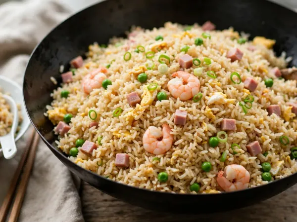 Grand wok noir en acier rempli de riz cantonais aux grains bien séparés, avec des morceaux d’œuf brouillé, des dés de jambon, des crevettes roses, des petits pois et des rondelles d’oignon vert, une spatule en bois posée dedans, à côté d’un bol de riz cantonais avec une cuillère en porcelaine, de baguettes et d’une coupelle de sauce soja