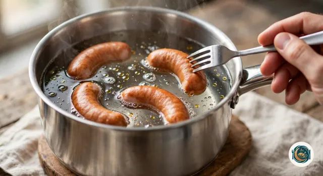Main qui pique à la fourchette une saucisse fumée, dans une casserole en inox où quatre saucisses blanchissent dans une eau frémissante, couverte de petites gouttes de gras