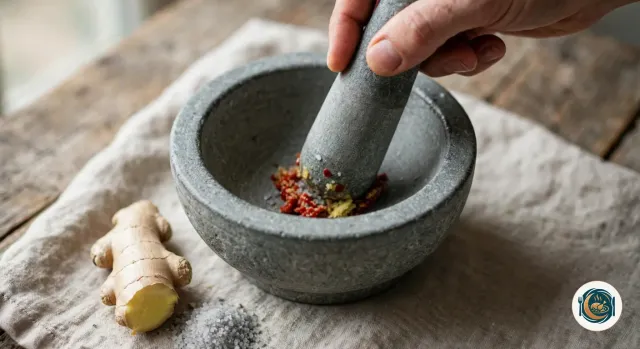 Main qui écrase au pilon, au fond d’un mortier en pierre grise, un peu de piment rouge, de gingembre et de gros sel, à côté d’un morceau de gingembre frais et d’un petit tas de gros sel