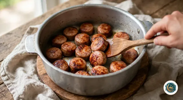 Main qui remue à la spatule en bois des rondelles de saucisse fumée bien dorées, dans une marmite ronde en aluminium posée sur une planche en bois