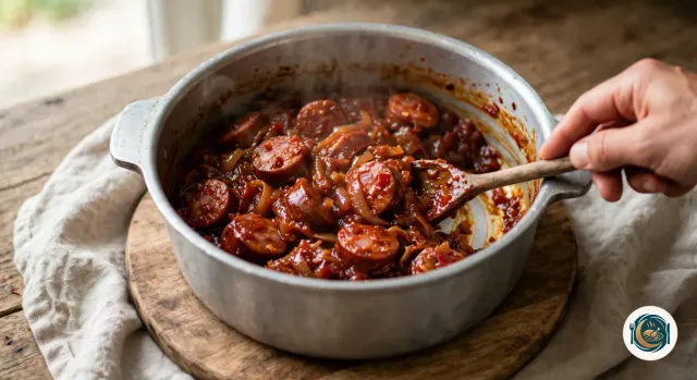 Main qui remue à la cuillère en bois un rougail saucisse en fin de cuisson, dans une marmite en aluminium, avec des rondelles de saucisse enrobées d’une sauce courte, épaisse et rouge sombre, aux oignons fondus