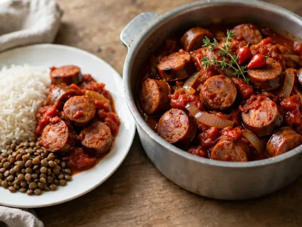 Rougail saucisse dans une marmite ronde en aluminium, des rondelles de saucisse fumée dans une sauce épaisse et rouge de tomates et d’oignons, avec un brin de thym et deux petits piments rouges, à côté d’une assiette de riz blanc, de lentilles et de rougail, et d’une cuillère en bois posée sur un linge en lin