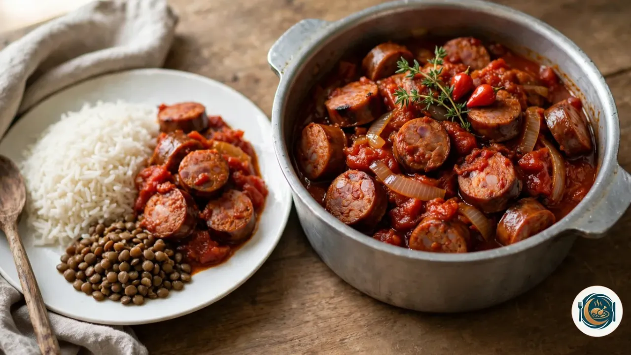 Rougail saucisse dans une marmite ronde en aluminium, des rondelles de saucisse fumée dans une sauce épaisse et rouge de tomates et d’oignons, avec un brin de thym et deux petits piments rouges, à côté d’une assiette de riz blanc, de lentilles et de rougail, et d’une cuillère en bois posée sur un linge en lin